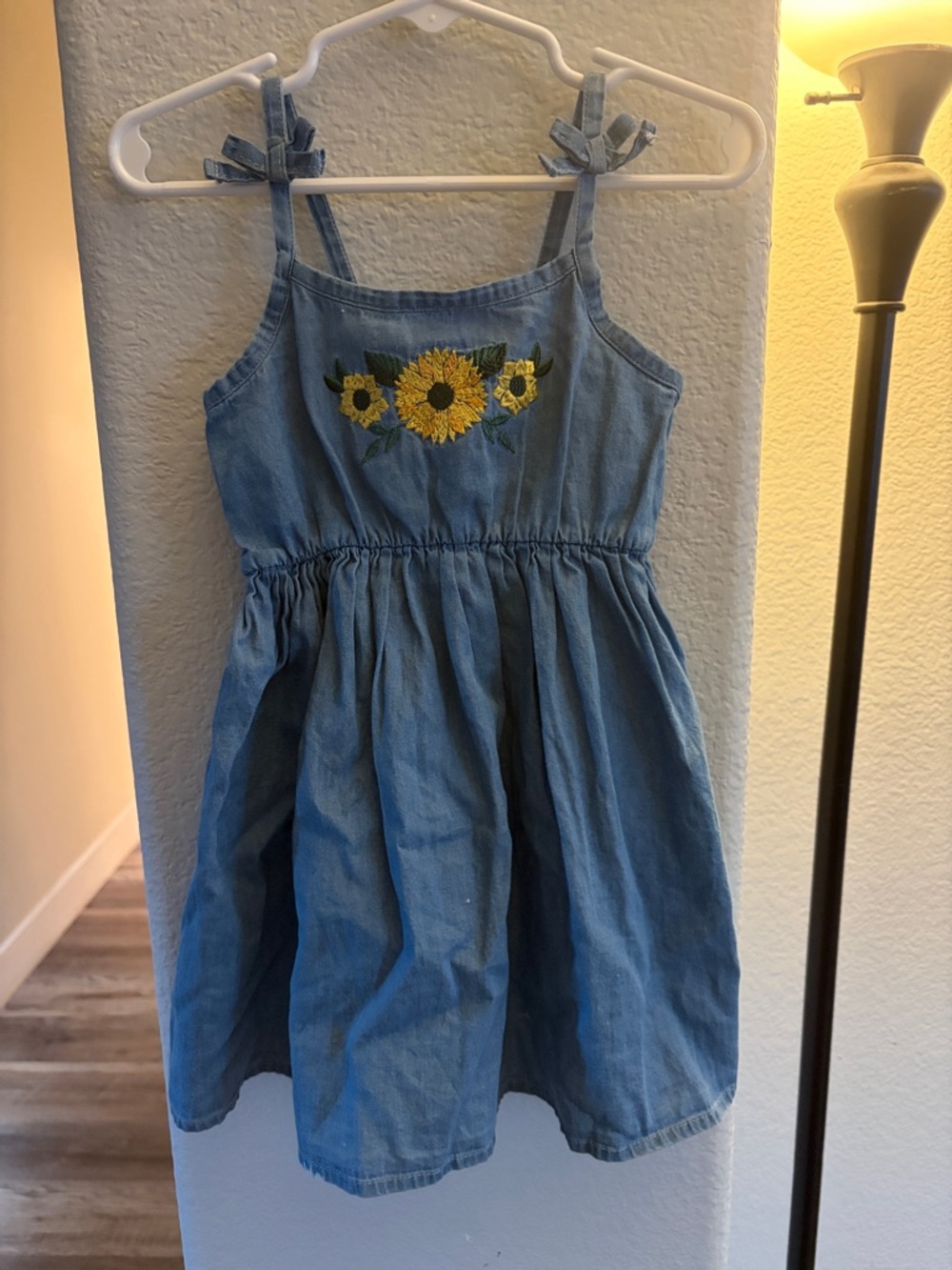 Sweet Storm Blue Denim Dress with Sunflower Embroidery